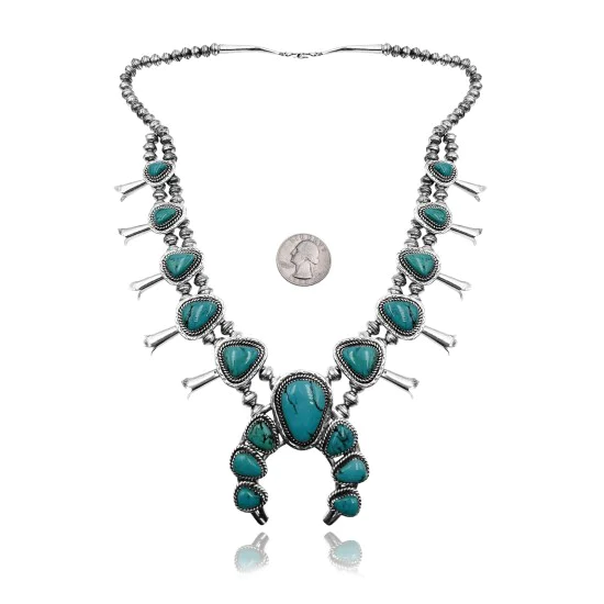 Squash Blossom .925 Sterling Silver Navajo Native American Natural Turquoise Necklace 35173 Squash Blossom .925 Sterling Silver Navajo Native American Natural Turquoise Necklace 35173