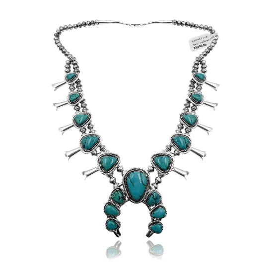 Squash Blossom .925 Sterling Silver Navajo Native American Natural Turquoise Necklace 35173 Squash Blossom .925 Sterling Silver Navajo Native American Natural Turquoise Necklace 35173