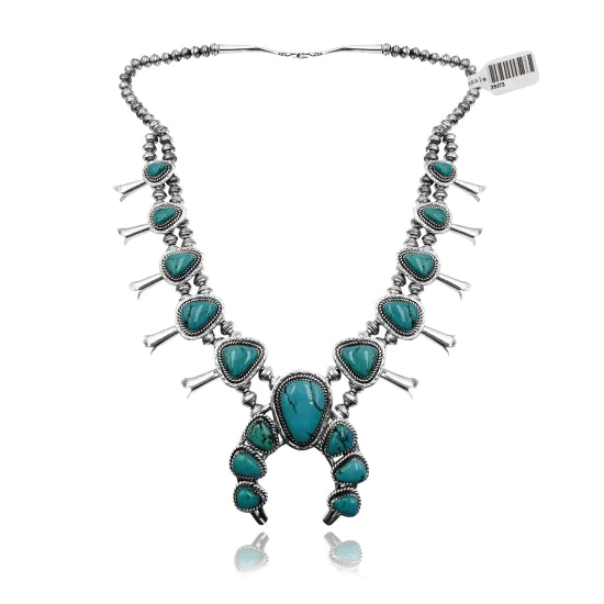 Squash Blossom .925 Sterling Silver Navajo Native American Natural Turquoise Necklace 35173 Squash Blossom .925 Sterling Silver Navajo Native American Natural Turquoise Necklace 35173