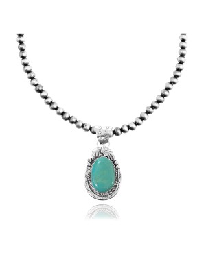 Leaf .925 Sterling Silver Certified Authentic Navajo Native American Natural Turquoise Necklace & Pendant 35174