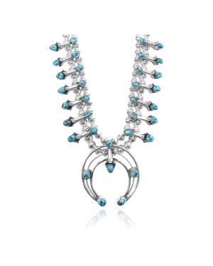 Squash Blossom .925 Sterling Silver Certified Authentic Navajo Native American Natural Turquoise Necklace 35176