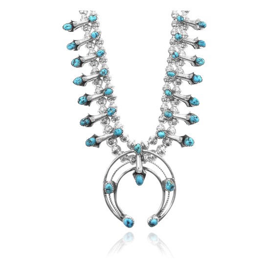 Squash Blossom .925 Sterling Silver Certified Authentic Navajo Native American Natural Turquoise Necklace 35176
