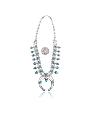 Squash Blossom .925 Sterling Silver Certified Authentic Navajo Native American Natural Turquoise Necklace 35176