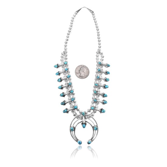 Squash Blossom .925 Sterling Silver Certified Authentic Navajo Native American Natural Turquoise Necklace 35176