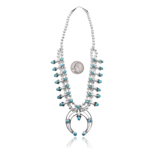 Squash Blossom .925 Sterling Silver Navajo Native American Natural Turquoise Necklace 35176 Squash Blossom .925 Sterling Silver Navajo Native American Natural Turquoise Necklace 35176