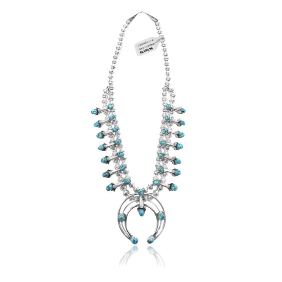 Squash Blossom .925 Sterling Silver Navajo Native American Natural Turquoise Necklace 35176 Squash Blossom .925 Sterling Silver Navajo Native American Natural Turquoise Necklace 35176