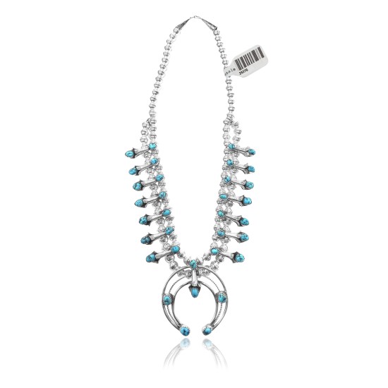 Squash Blossom .925 Sterling Silver Certified Authentic Navajo Native American Natural Turquoise Necklace 35176