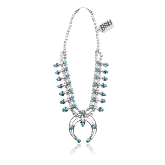Squash Blossom .925 Sterling Silver Navajo Native American Natural Turquoise Necklace 35176 Squash Blossom .925 Sterling Silver Navajo Native American Natural Turquoise Necklace 35176