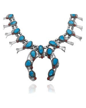 Squash Blossom .925 Sterling Silver Certified Authentic Navajo Native American Natural Turquoise Necklace 35177