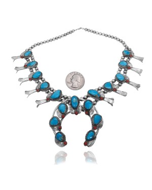 Squash Blossom .925 Sterling Silver Certified Authentic Navajo Native American Natural Turquoise Necklace 35177