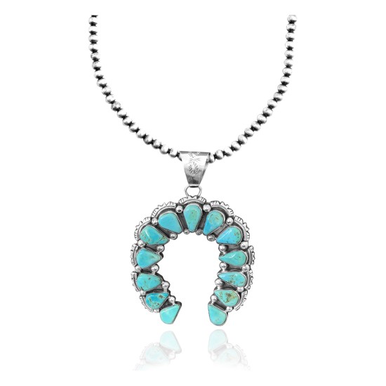 Squash Blossom .925 Sterling Silver Certified Authentic Navajo Native American Natural Turquoise Necklace Pendant 35178