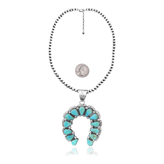 Squash Blossom .925 Sterling Silver Certified Authentic Navajo Native American Natural Turquoise Necklace Pendant 35178