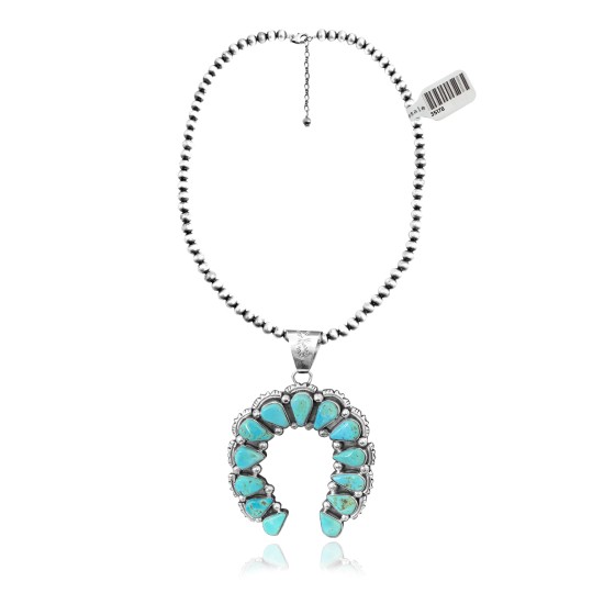Squash Blossom .925 Sterling Silver Certified Authentic Navajo Native American Natural Turquoise Necklace Pendant 35178