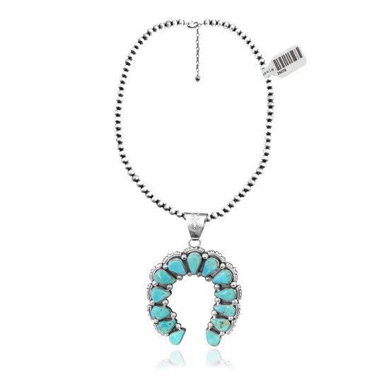 Squash Blossom .925 Sterling Silver Navajo Native American Natural Turquoise Necklace Pendant 35178 Squash Blossom .925 Sterling Silver Navajo Native American Natural Turquoise Necklace Pendant 35178