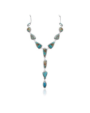 Elegant .925 Sterling Silver Certified Authentic Navajo Native American Natural Turquoise Necklace 35180