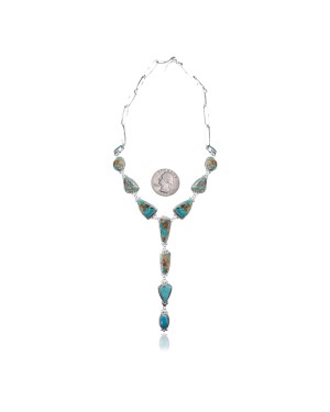 Elegant .925 Sterling Silver Certified Authentic Navajo Native American Natural Turquoise Necklace 35180