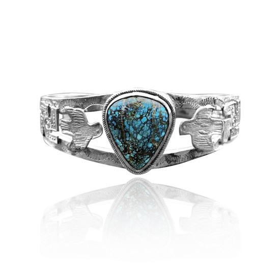 Thunderbird .925 Sterling Silver Certified Authentic Navajo Native American Natural Turquoise Cuff Bracelet 32101 Thunderbird .925 Sterling Silver Certified Authentic Navajo Native American Natural Turquoise Cuff Bracelet 32101