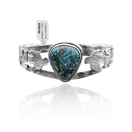 Thunderbird .925 Sterling Silver Certified Authentic Navajo Native American Natural Turquoise Cuff Bracelet 32101 Thunderbird .925 Sterling Silver Certified Authentic Navajo Native American Natural Turquoise Cuff Bracelet 32101