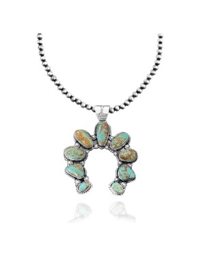 Squash Blossom .925 Sterling Silver Certified Authentic Navajo Native American Natural Turquoise Necklace Pendant 35185