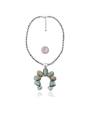 Squash Blossom .925 Sterling Silver Certified Authentic Navajo Native American Natural Turquoise Necklace Pendant 35185