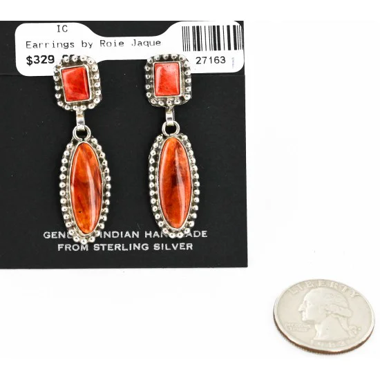 Handmade Navajo .925 Sterling Silver Natural Spiny Oyster Native American Dangle Earrings 27163-1