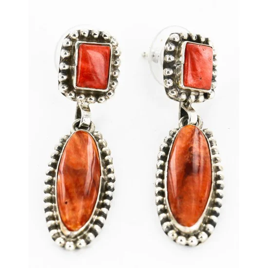Handmade Navajo .925 Sterling Silver Natural Spiny Oyster Native American Dangle Earrings 27163-1