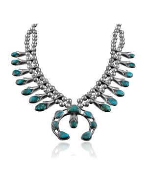 Squash Blossom .925 Sterling Silver Certified Authentic Navajo Native American Natural Turquoise Necklace 35186