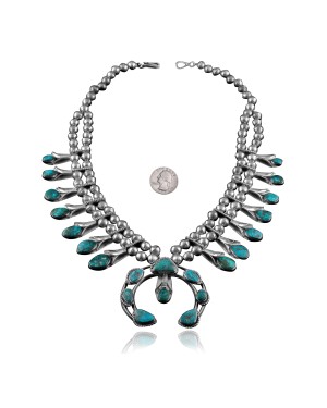 Squash Blossom .925 Sterling Silver Certified Authentic Navajo Native American Natural Turquoise Necklace 35186