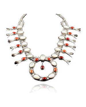 Squash Blossom .925 Sterling Silver Certified Authentic Navajo Native American Coral Necklace 35187