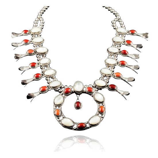 Squash Blossom .925 Sterling Silver Certified Authentic Navajo Native American Coral Necklace 35187