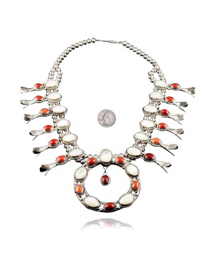 Squash Blossom .925 Sterling Silver Certified Authentic Navajo Native American Coral Necklace 35187