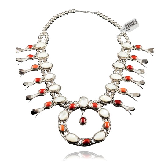 Squash Blossom .925 Sterling Silver Certified Authentic Navajo Native American Coral Necklace 35187
