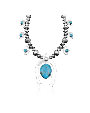 Squash Blossom .925 Sterling Silver Certified Authentic Navajo Native American Natural Turquoise Necklace 35190