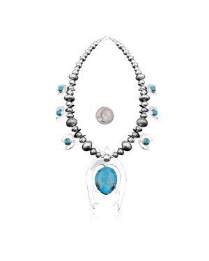 Squash Blossom .925 Sterling Silver Certified Authentic Navajo Native American Natural Turquoise Necklace 35190