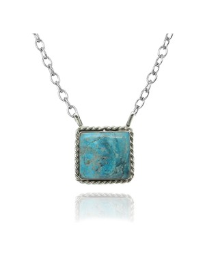 Delicate .925 Sterling Silver Certified Authentic Navajo Native American Natural Turquoise Necklace Pendant 35191
