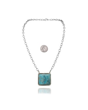 Delicate .925 Sterling Silver Certified Authentic Navajo Native American Natural Turquoise Necklace Pendant 35191