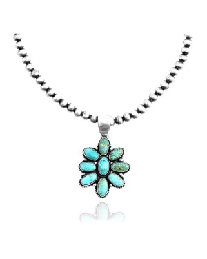 Flower .925 Sterling Silver Certified Authentic Navajo Native American Natural Turquoise Necklace Pendant 35194