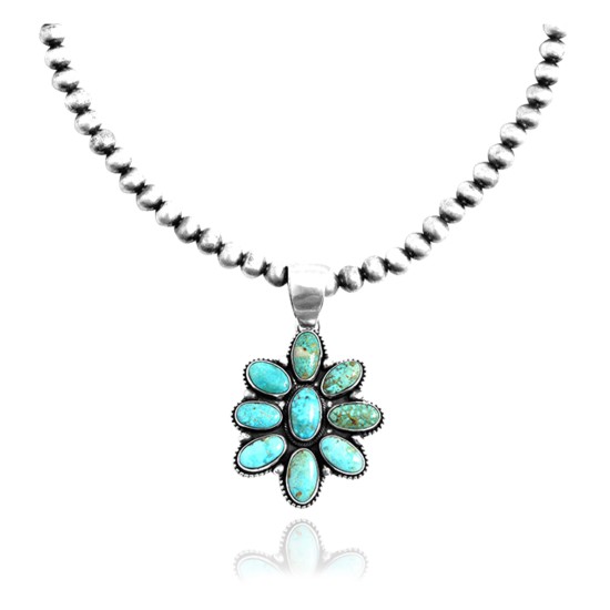 Flower .925 Sterling Silver Certified Authentic Navajo Native American Natural Turquoise Necklace Pendant 35194