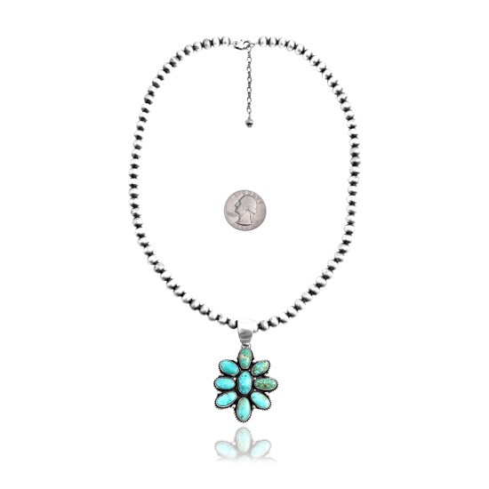 Flower .925 Sterling Silver Certified Authentic Navajo Native American Natural Turquoise Necklace Pendant 35194