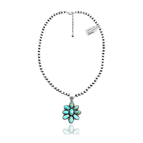 Flower .925 Sterling Silver Certified Authentic Navajo Native American Natural Turquoise Necklace Pendant 35194