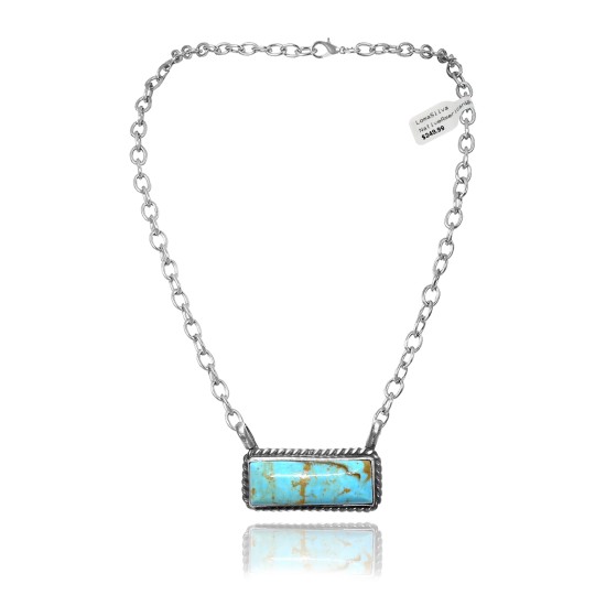Delicate .925 Sterling Silver Certified Authentic Navajo Native American Natural Turquoise Necklace Pendant 35195