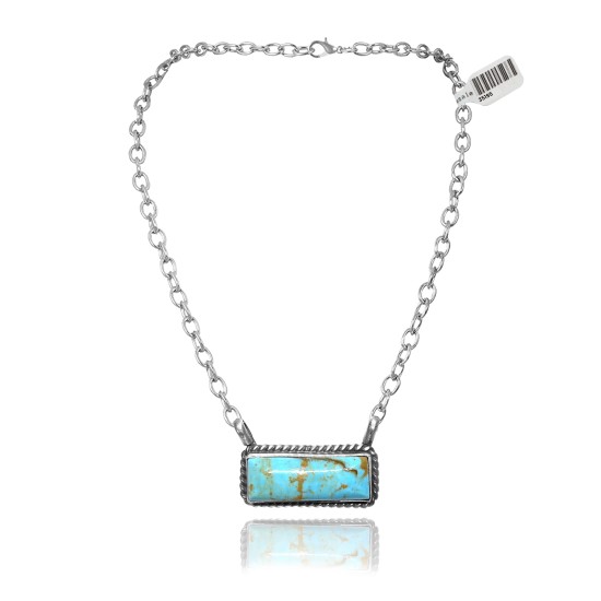 Delicate .925 Sterling Silver Certified Authentic Navajo Native American Natural Turquoise Necklace Pendant 35195