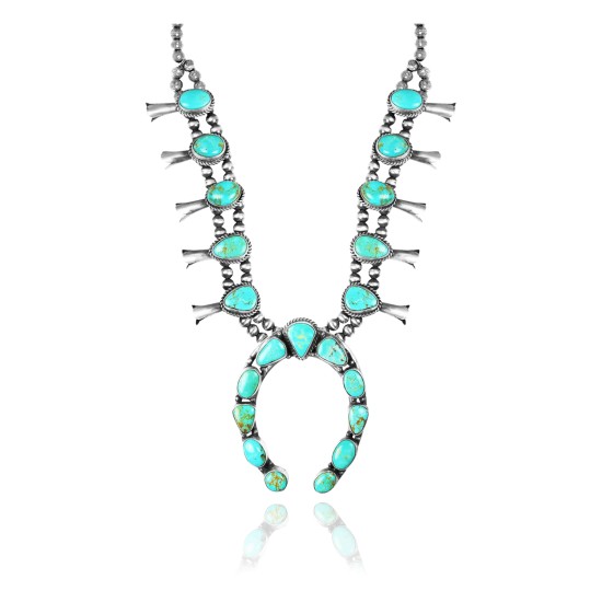 Squash Blossom .925 Sterling Silver Certified Authentic Navajo Native American Natural Turquoise Necklace 35198