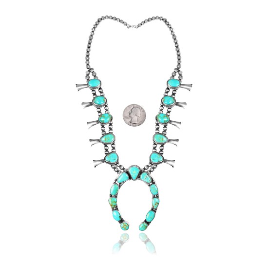 Squash Blossom .925 Sterling Silver Certified Authentic Navajo Native American Natural Turquoise Necklace 35198