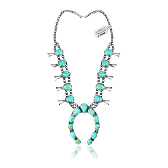 Squash Blossom .925 Sterling Silver Certified Authentic Navajo Native American Natural Turquoise Necklace 35198