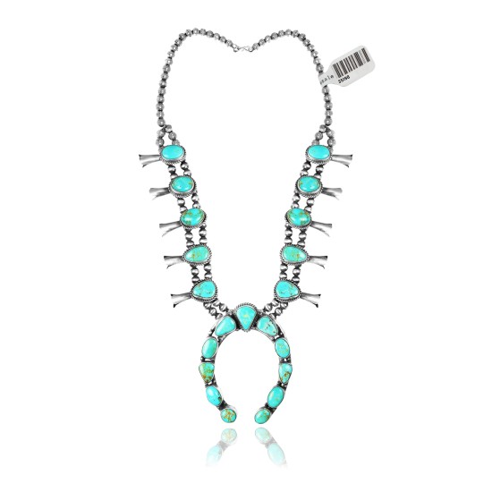 Squash Blossom .925 Sterling Silver Certified Authentic Navajo Native American Natural Turquoise Necklace 35198