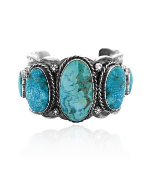 Swirl .925 Sterling Silver Certified Authentic Navajo Native American Natural Turquoise Cuff Bracelet 32102