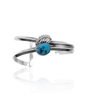 Feather .925 Sterling Silver Certified Authentic Navajo Native American Natural Turquoise Cuff Bracelet 32104