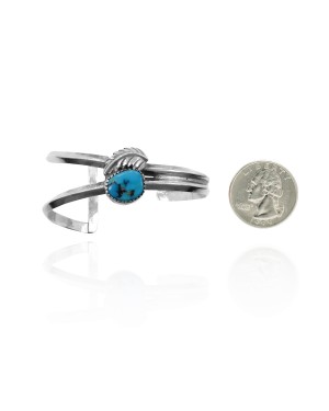 Feather .925 Sterling Silver Certified Authentic Navajo Native American Natural Turquoise Cuff Bracelet 32104