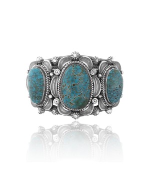Sun .925 Sterling Silver Certified Authentic Navajo Native American Natural Turquoise Cuff Bracelet 32109